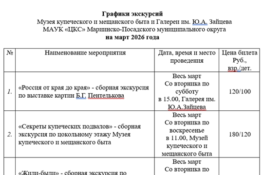 Темы сборных экскурсий на МАРТ