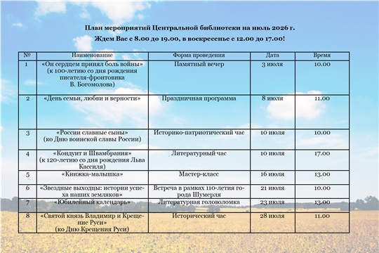 План мероприятий центральной библиотеки на июль
