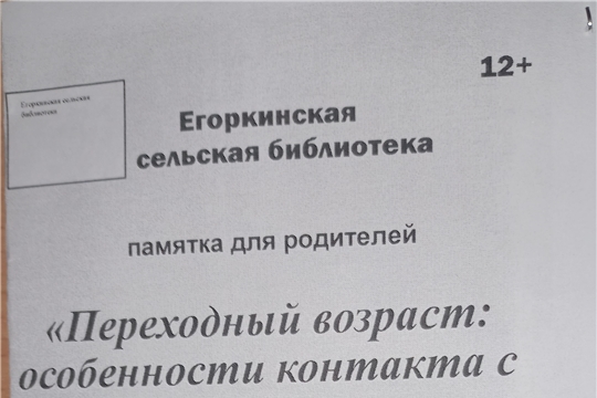 Буклет - памятка «Переходный возраст: особенности конфликта с подростком»(Егоркинская сельская библиотека)